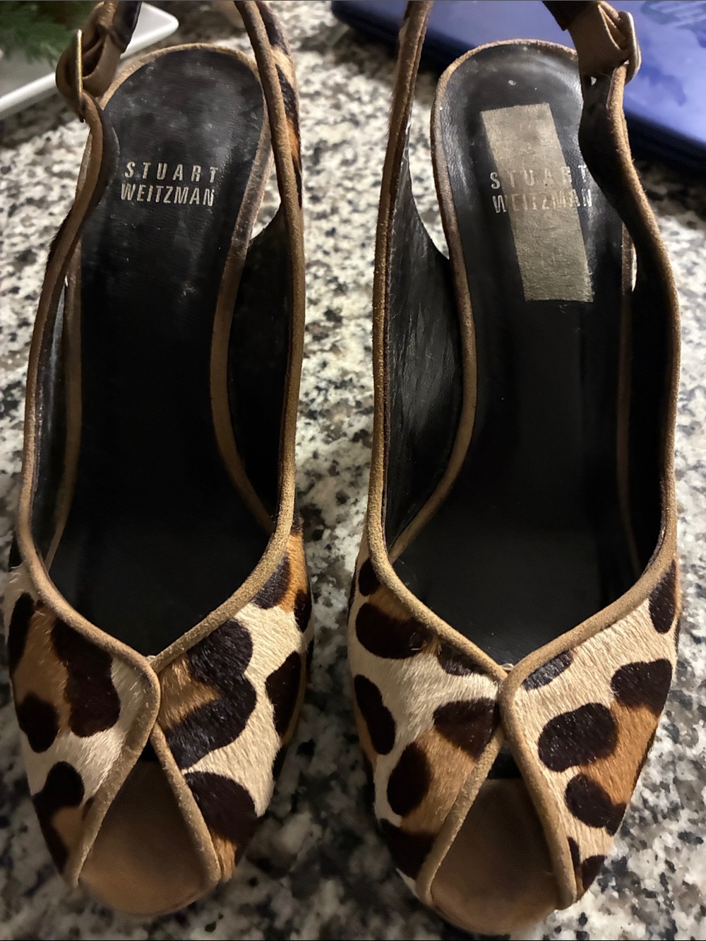 Stuart Weitzman Leopard-Print Peep-Toe Slingbacks in Brown and Black